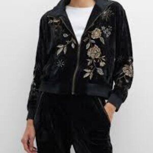 NWT JOHNNY WAS Ally Embroidered Velour Track Jacket-  - black